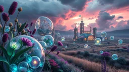Dynamic cifi country side ,hypnotic of 3D structures Symmetry twisting and morphing between cifi plants , cifi flowers and metal geometric 3d structures buildings ,cifi cars, smooth translucent iridescent glass with inner glow and bubbles, varied transparent materials, stormy skies, intense dramatic