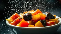 shower of shining cooked vegetables, delicious, glistening, volumetric lighting, water spray, RTX, incredible detail, photographic realism