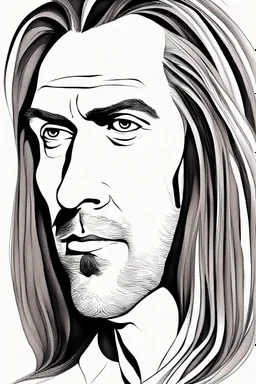 This image depicts a lifelike caricature of a man with long hair. The man is the central figure in the picture, taking up most of the space, with his features and hair color against a white background. The image has an artistic style that leans toward abstraction, making it an interesting piece of art. The man's face is one of the most dominant aspects of this image. His facial features are emphasized, and a lot of character is shown, which is typical of anime drawings. This photo doesn't h