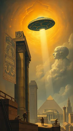 Bosch painting style building the Egyption paramount by giants and ufo spaceship