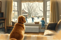 diffused alcohol ink painting of a golden retriever puppy in a living room looking through a bay window to the outside where kids are having a snowball fight in a suburban street, by Norman Rockwell aesthetic, dreamily nostalgic, long brush strokes, warm