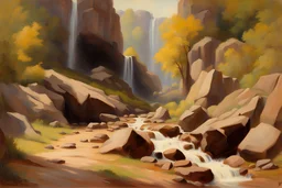 Sunny day, rocks, waterfalls, rocky land, mountains, friedrich eckenfelder and geores lemmen impressionism paintings