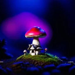 "Close up of a wonderful tiny Mushroom Tower home. Magenta and red with bright white, deep black and contrasting tones of gray magenta and violet colors. Illuminated bioluminescent forest. Professional painter, master at composition. small but detailed. broken, blurred background, voluminous lighting"