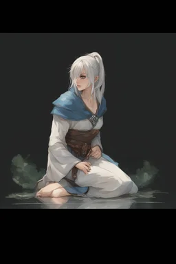 Dnd character on her knees. A female Aaismar twilight cleric with white hair and blue eyes, wearing gray robes. Etreal, beautiful, sexy, split dress