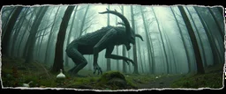 3d airbrush render,i was cooking garlic and went out to eat and something hit me hard and i wake up puked and wrestled a lycantrophe and ran to the forest to sleep , pinhole cam, airbrush 3d rendering, in the style of Titian and Dali , torn edges on border
