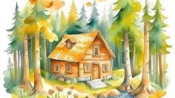 watercolor painting wooden home of bear in the forest cute home
