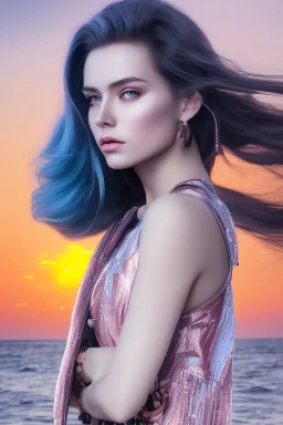 half body shot,realistic portrait of a 20-25 old caucasian model, long blue pink flowing hair, great grey eyes, blue leather jacket,full body, short white skirt,long legs,standing at beach of very nive lake with sunset ,clouds,godrayes