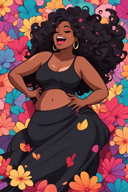 A sassy thick-lined abstract art style cartoon black female lounging lazily on her side, surrounded by colorful large flower petals. her curvy body silhouette a black maxi dress. Looking up coyly, she grins widely, showing teeth. Her poofy hair forms a mane framing her confident, regal expression.