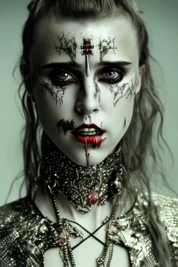 Danish singer MØ face, darkness style witch smiling end hell sureal blade high blood horn