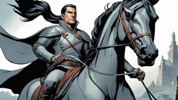 A 40 year old mercenary on a gray horse. He is tall and slim and has a sharply cut face with high cheekbones and a weak chin. His black hair is slicked back and is tied into a short ponytail at the top of his head, revealing the tattoo on his neck of a rune. fantasy setting. Mark Brooks and Dan Mumford, comic book art, perfect, smooth