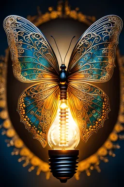 Small butterfly inside to light bulb , intricate design in background , natural vivid colors, dynamic light and shadow, very detailed scene with intricate details,