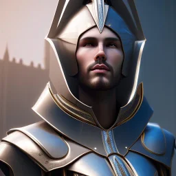 A handsome npc standing in front of a church, futuristic design, a paradise in background, close-up face, geometric armor, female face, 3d unreal engine, black face, close up armor