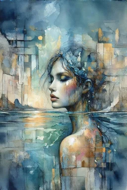 surrealistic painting depicts a woman submerged in water, with only her face visible above the surface. Her hair is dark brown with blonde highlights, and her eyes are a warm brown. Below the waterline, her torso is replaced by a skeletal ribcage entwined with translucent, organic root-like structures and dried leaves, revealing the internal decay beneath the skin. The upper part of the painting features a dilapidated, light-colored building with multiple levels and a dome, seemingly floating on
