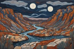 a dramatic painting of a lush Southwestern river canyon landscape under a pale winter moon, in the Art Brut style of Jean Dubuffet, rich natural colors, museum quality masterpiece