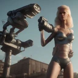 Ultra Realistic retro sci-fi movie scene, waist up view portrait, blonde woman pointing a gun, sweet young Claudia Schiffer face, perfect iris, glow eyes, makeup, weapon. Drones background, Retro sci-fi style, helmet, tight latex coat, fog, rain, soft color, highly detailed, unreal engine 5, ray tracing, RTX, lumen lighting, ultra detail, volumetric lighting, 3d, finely drawn, high definition, high resolution.