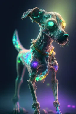 Zombie dog humanoid alien fused ,extremely detailed,crystal clear, mystical colors ,perfectly centered image, perfect composition, rim light, beautiful lighting, 8k, stunning scene, raytracing