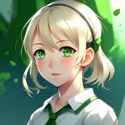 anime, 1 girl, blond hair, green eyes, short hair, white polo shirt, 3 bangs on forehead, hairties