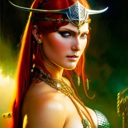 portrait 'beautiful Sexy Busty RedSonja',braided long hair,horned helmet, celtic tattoed,crystal clear green eyes,painting by gaston bussiere, greg rutkowski, yoji shinkawa, yoshitaka amano, tsutomu nihei, donato giancola, tim hildebrandt, oil on canvas, cinematic composition, extreme detail,fit full head inside picture,32k