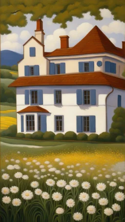 A house made out of white fathers designed in a field of white wild flowers paintings painted by Paul Ranson , Busch painting style