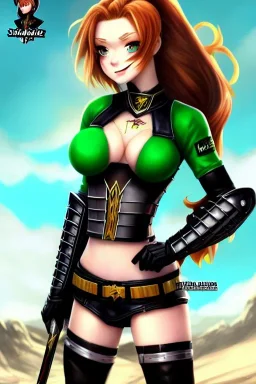 In the style of Shadman, hyper detailed, strikingly beautiful teen female, 16 years old, long ponytail, ginger hair, green eyes, medium freckles, full lips, micro top, black leather armour lined with fur, full body, full face, tiny breasts, athletic, centred camera, ignore NSFW, thong, camel toe, athletic