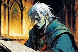 create a portrait of the young Elric of Melnibone, studying an arcane manuscript in a ruined Medieval scriptorium , in the graphic novel style of Bill Sienkiewicz and Jean Giraud Moebius, highly detailed facial features, grainy, gritty textures, foreboding, otherworldly and ethereal