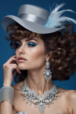 full body beautiful girl, elegant silver,lace clothes of the 80s, luxury style, small elegant hat with feather, hair of the 80s, pearl necklace, earrings masterful, beautiful face,blue backdrop