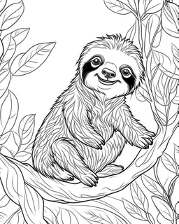 create a 2d black outline, "safari smiling cartoon sloth on a branch coloring book for kids", coloring page, low details design, black contour, coloring page design, simple background, colorful , card style, coloring page for kids, white background, sketch style, safari landscape, cartoon style