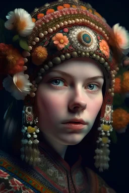 young women in modern Russian kokoshnik, every detail of which is made entirely of flowers, a highly detailed face,hyper realistic photograph of a girl, anatomically correct, dramatic lighting, soft details, HDR, 4k, 8k, HD