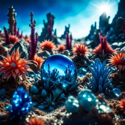 A striking photograh close-up captures a surreal wasteland with group of plants and glossy monsters, adorned with minerals and rocks. Bathed in intense light, eerie, giant blue sun, 8k, deep 3d field, rock formations, strong texture, extreme paranoia, hypnotic, Yves Tanguy, colours, rich moody colors, sparkles, bokeh, 33mm photography