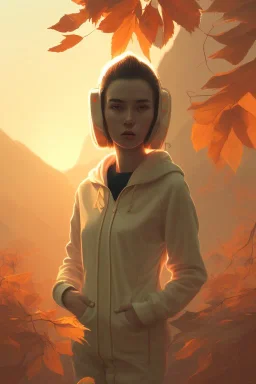 Ape portrait , jogging suite, at dawn by atey ghailan, golden light , white robe, holding leaves and flowers , angels background, volumetric light, high detail, red leaf tree, mountains in background, perfect