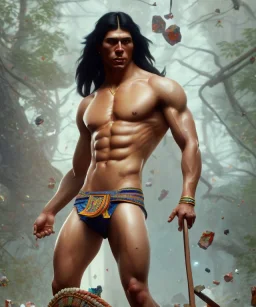 native american warrior, long black hair, standing on shattered glass, big muscles, loincloth, shirtless, 8k resolution concept art portrait by Greg Rutkowski