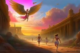 View of Elysium with winged females flying over people running away in fear
