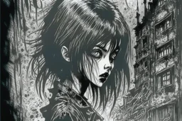 create a disturbing horror full body pen and ink sketch of a dark haired, savage, gothpunk vampire girl with highly detailed , sharply defined hair and facial features, in a dark, otherworldly London in the style of Junji Ito, precisely drawn, inked, with dramatic edges,