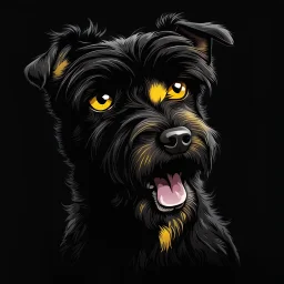 an angry scruffy black terrier on black background, yellow eyes, illustration