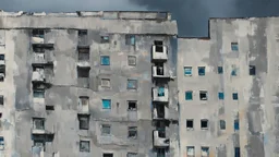 An old, multi-story apartment building with gray walls and numerous windows. The sky in the background appears to be cloudy and dark, creating a moody and atmospheric setting, creative, detailed brush stroke, minimal spalsh