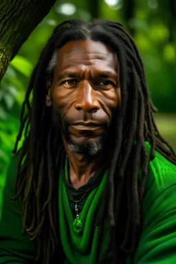 portrait of a handsome 40 year old highlander with long hair, black skin, earthbound, his favorite colors green, his favorite place is in the wood or in the garden