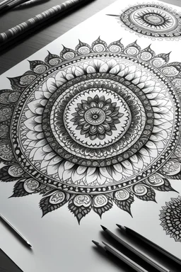 draw a beautiful mandala art in pencil sketch art in black white color only