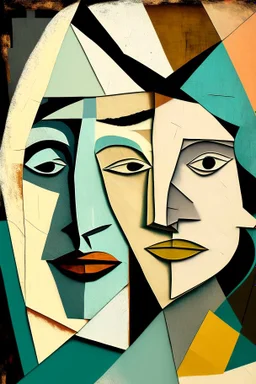 Faces of two friends made with mid-century modern collage Picasso style