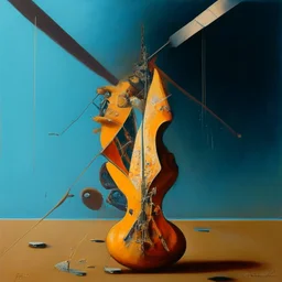 Abstract painting formed by a mix of human flesh-like surgical instruments and universe-like neuralink,strange musical instruments,minimalism,Painting By Adrian Ghenie, Rene Magritte, Salvador Dali, Lucian Freud