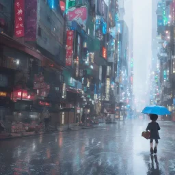 behind photo A young boy walking streets in tokyo post apocalyptic, rain