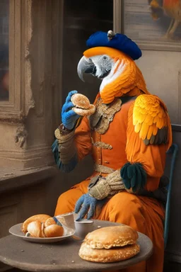 Half parrot half human in a 1700s Orange Dutch uniform eating a bagel in a Dutch cafe