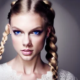 beautiful young queen with white armor, delicate white braided hair with ponytail, glass eyes, highly detailed, 8k, ambient light, taylor swift, face in full view