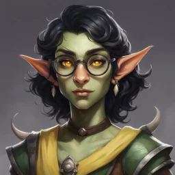 dnd, portrait of cute young orc-elf hybrid femboy, black hair, short hair curled hair, hair covering one eye, round glasses, tusks, sharp teeth, yellow eyes, flat chest, mage, magic, nose ring, pierced ears