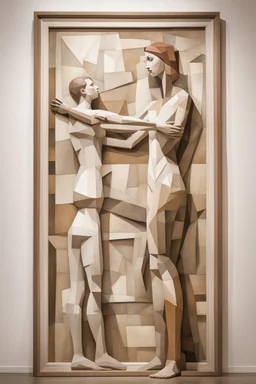 Mother holds her son , cubism a tall slender woman is standing in front of a large white picture frame displayed on the wall of an art gallery. The frame is traditional in style but looks like and has the texture of white clay. Her arms are outstretched like da vinci’s vetruvian man, and the length of her arms and body corresponds to the width of the picture frame. Her feet are perched on a surreal small shadow rock and it looks like she is floating above calm water. The picture is without canva