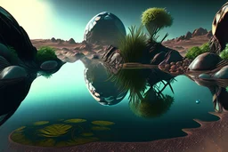 exoplanet, water reflection, rocks, vegetation