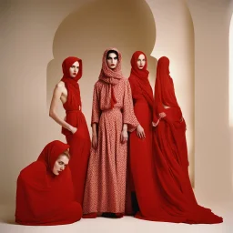 A fashion photography of a group wearing traditional Middle Eastern , no face in a white studio with a red scarf around the head and a long skirt, posing for Vogue magazine in the style of James Bidgood photographed in the style of Tim Walker. --ar 101:128 --v 6. 0