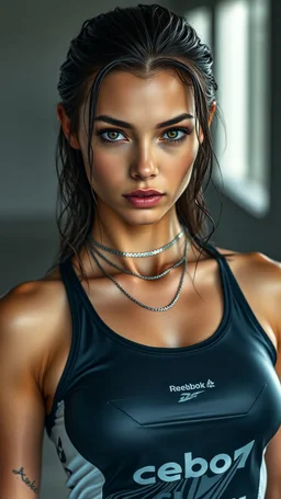 female supermodel as athlete, wet hair and skin, shiny wet face, silver thin neck chain, in reebok wet sportswear, standing dynamically, perfect lighting, highly detailed, hyper realistic, realistic