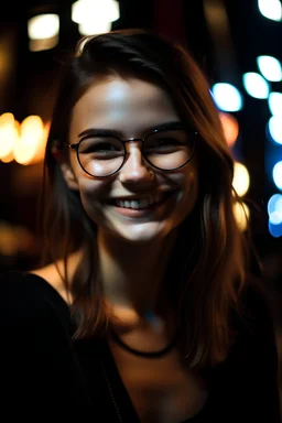 beautiful girl wearing black glasses and smiling in the night club