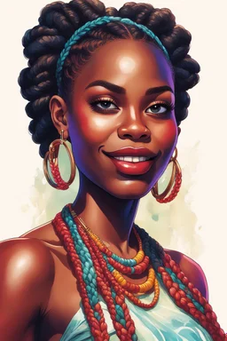 A vibrant digital illustration of a carribean woman with a confident yet playful expression. She is making a gesture by a raised brow. highly detailed two large cornrows. Her large hoop earrings are clearly visible, adding to the bold and expressive character of the artwork. with soft lighting accentuating the details of her face.", ink wash