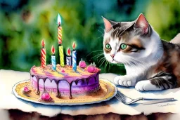 Cat is having a birthday cake.. Highly detailed, smooth colours, realistic landscape. Aquarell